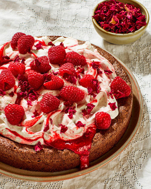 Asha's Flourless Chocolate Cake with Raspberry Rose Cream