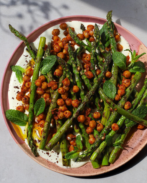 Asha's Blistered Asparagus with Chili-Sumac Chickpeas & Whipped Feta