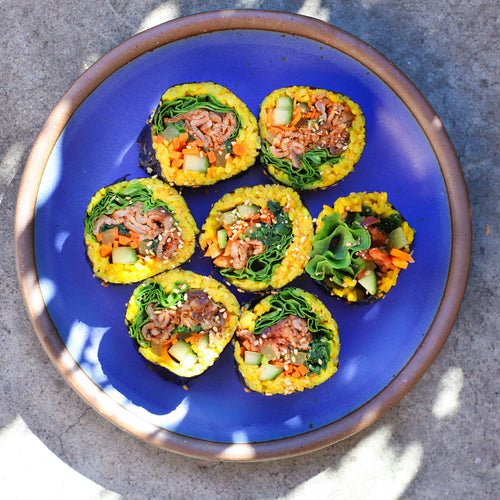 Asha's Smoky Pork Bulgogi Gimbap with Turmeric Rice